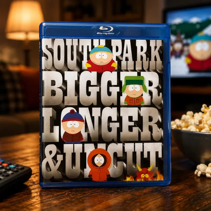 South Park Bigger Longer and Uncut Blu-ray case on table with popcorn