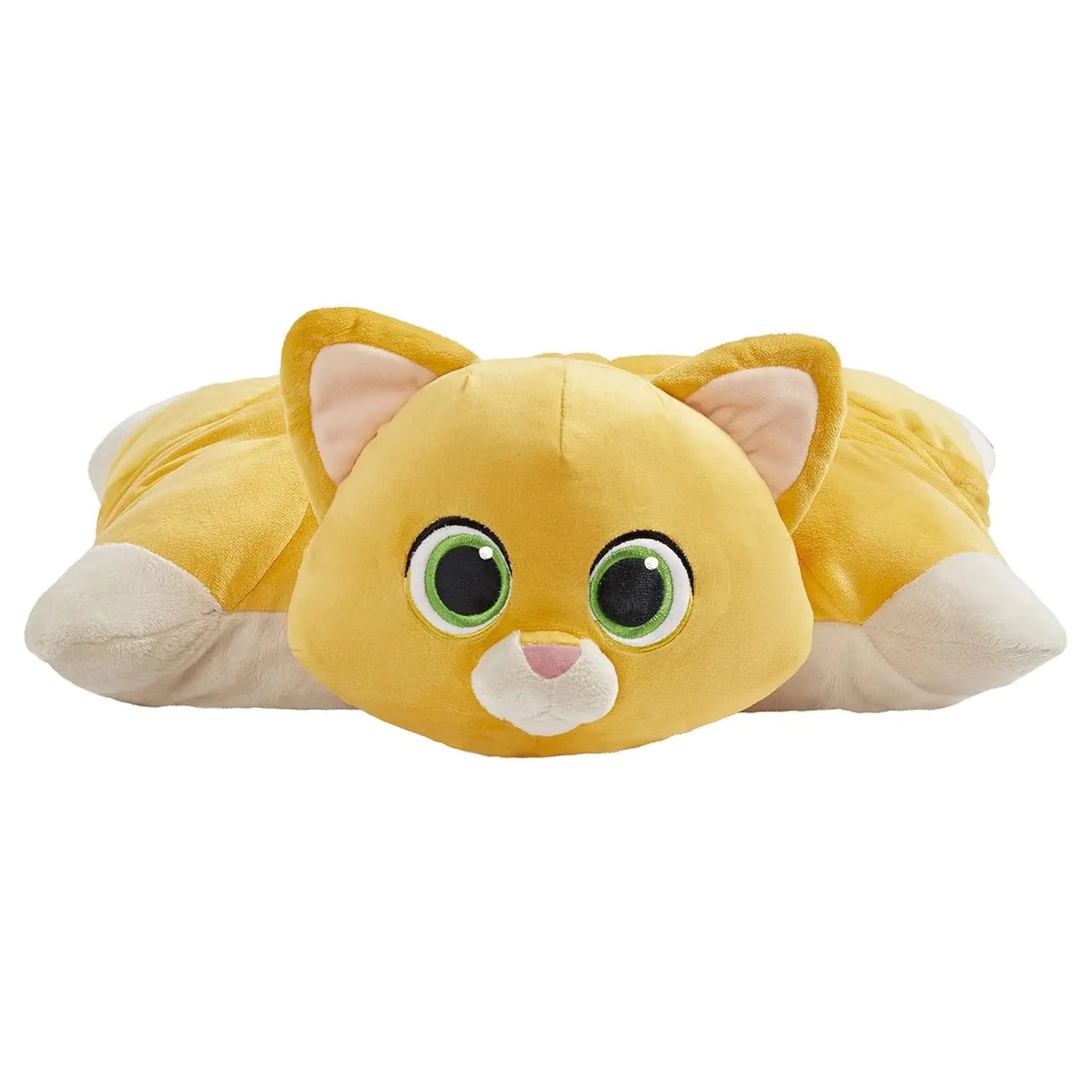 Front view of Sox companion robot plush toy with large green eyes.