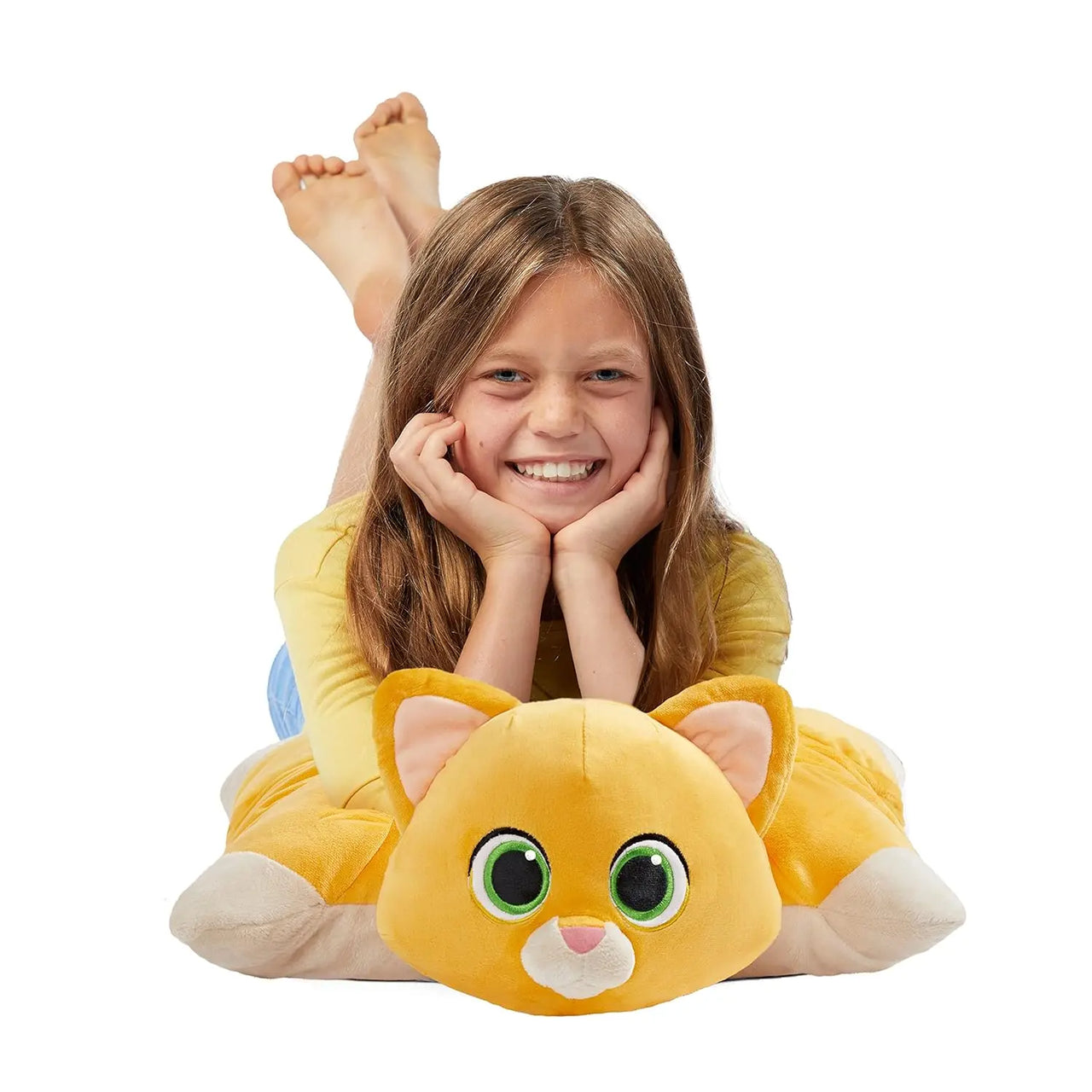 Sox the cat plush used as a comfortable pillow for lounging.