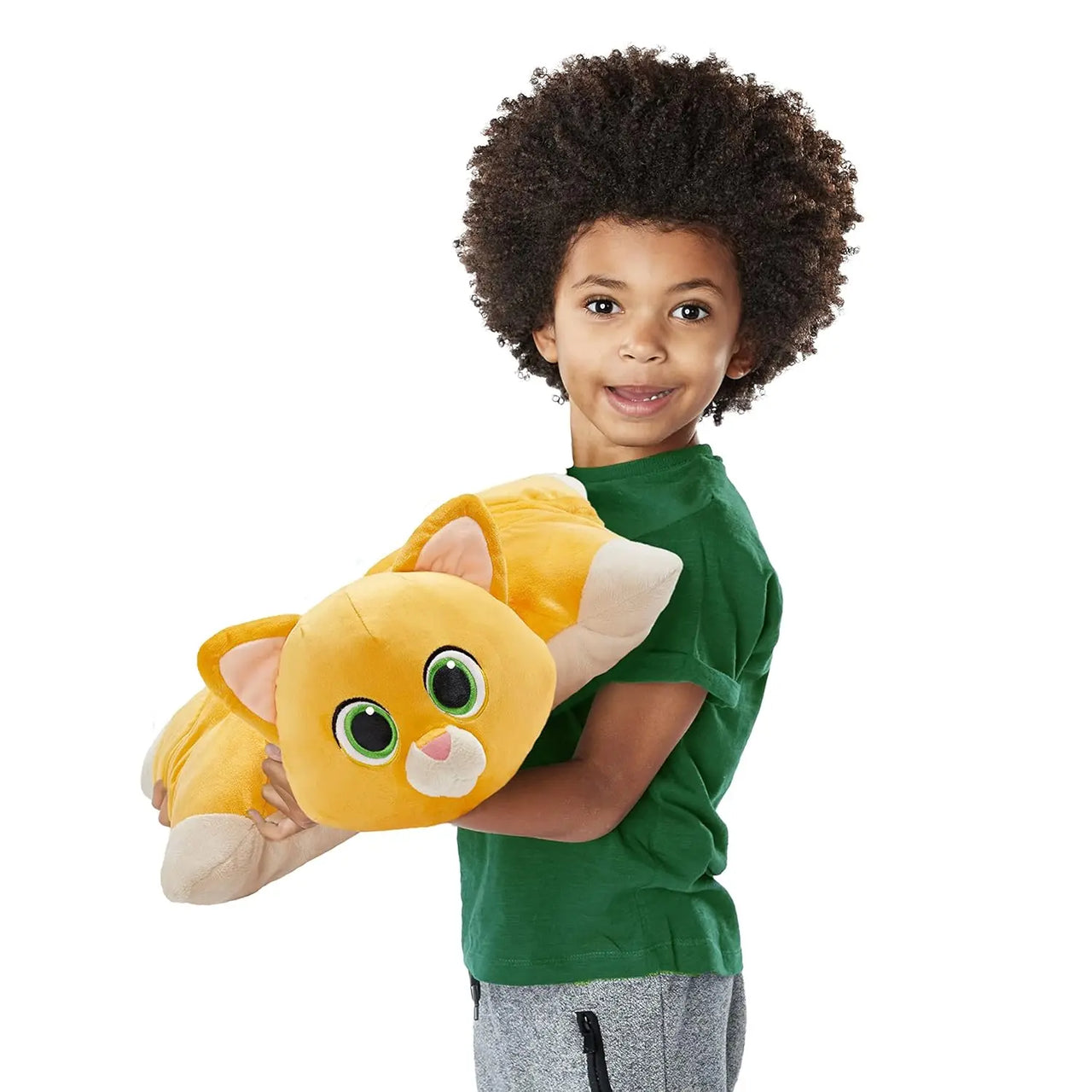 Scale reference of Sox plush being held by a child.