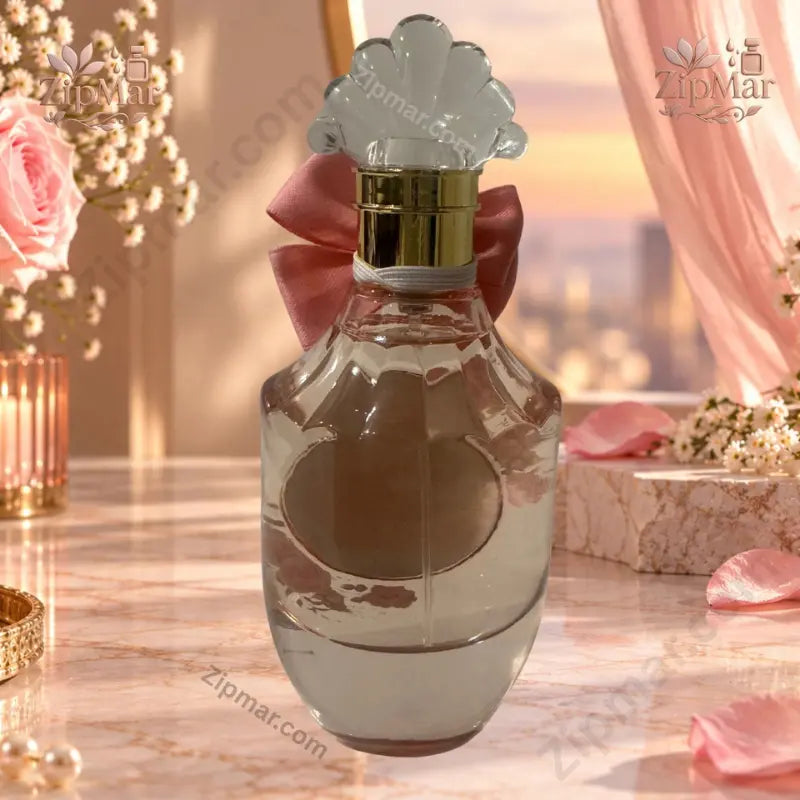 Sparkling Blush Eau de Parfum bottle back view showing crystal fan cap and satin bow