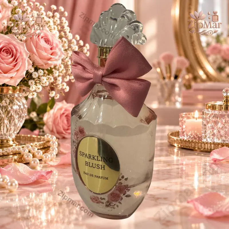 Sparkling Blush Eau de Parfum rounded glass bottle with crystal shell cap, dusty rose satin bow, and gold oval label