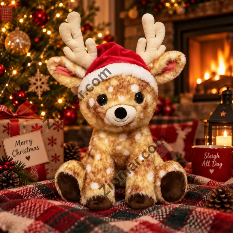 Spotted reindeer Christmas plush with Santa hat and antlers sitting by a decorated fireplace