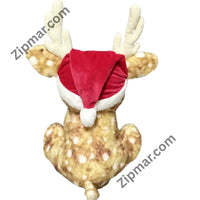 Thumbnail for Back of spotted reindeer Christmas plush with red Santa hat, white pom pom and cream antlers