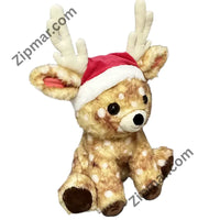 Thumbnail for Spotted reindeer Christmas plush with red Santa hat, cream antlers, white dots and cream muzzle, angled front view