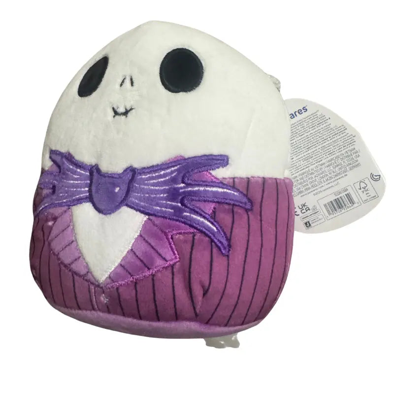 Angled front view of Jack Skellington purple suit plush highlighting hangtag details