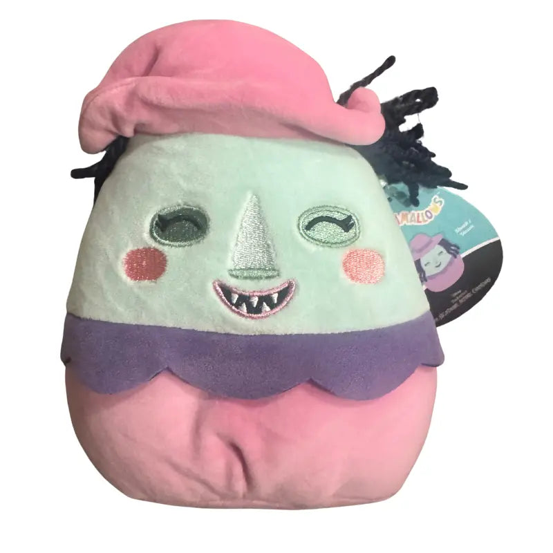 Front view of Shock Squishmallows plush showing facial expression and attached hangtag