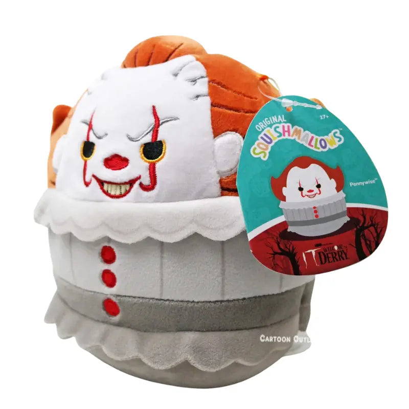 Squishmallows IT Welcome to Derry Pennywise plush showing official character hangtag