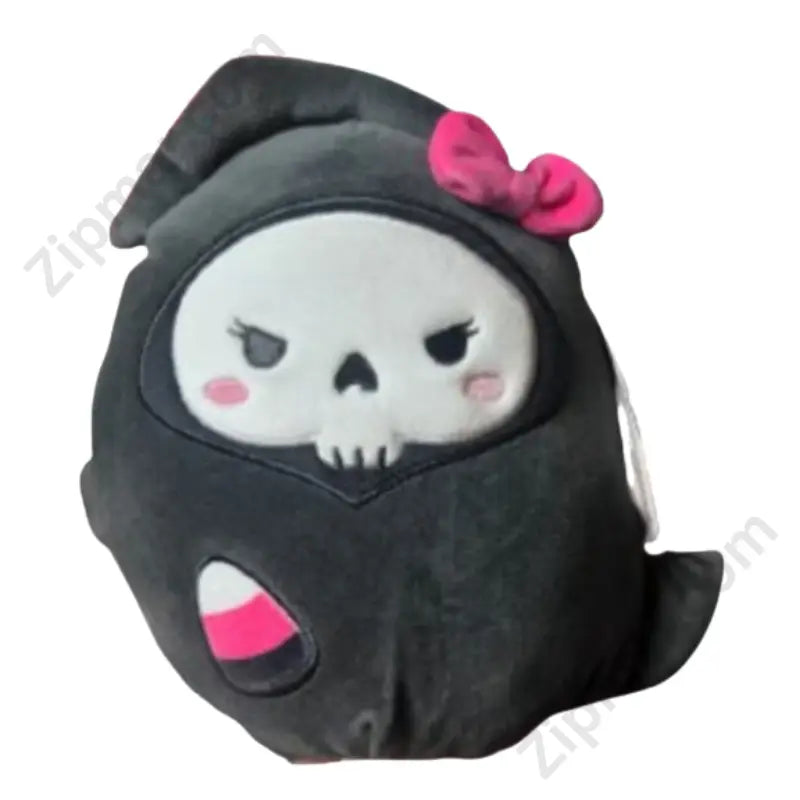 Squishmallows Jane Halloween Grim Reaper Skull Plush Stuffed Animal Front View with Pink Bow and Candy Corn