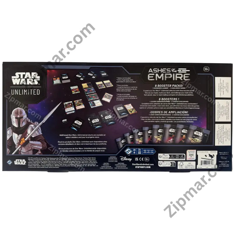 Star Wars Unlimited Ashes of the Empire Premium Collection box back with contents, age rating and barcode”