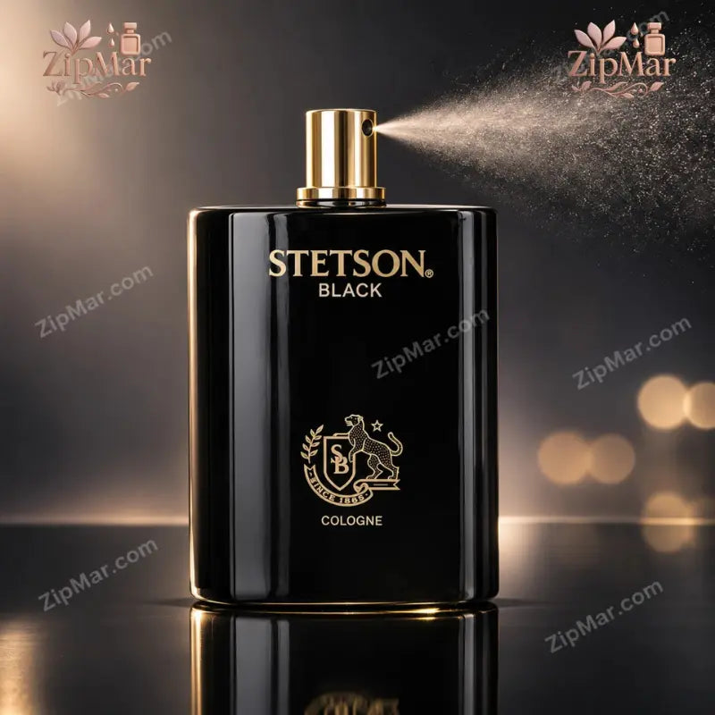 Stetson Black Cologne 100 mL bottle spraying a fine mist from the gold sprayer