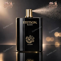Thumbnail for Stetson Black Cologne 100 mL bottle spraying a fine mist from the gold sprayer
