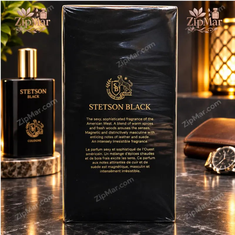 Back of Stetson Black Cologne box with American West fragrance description in English and French