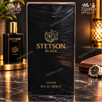 Thumbnail for Front view of sealed Stetson Black Cologne 100 mL box with gold lettering and bottle behind