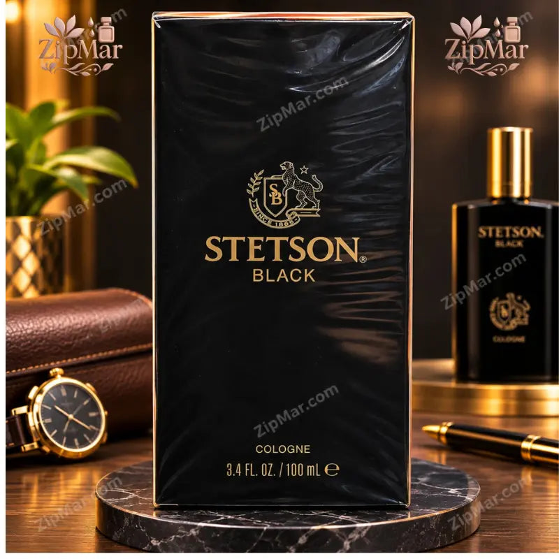 Stetson Black Cologne 3.4 fl oz 100 mL black and gold box front with panther crest