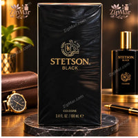 Thumbnail for Stetson Black Cologne 3.4 fl oz 100 mL black and gold box front with panther crest