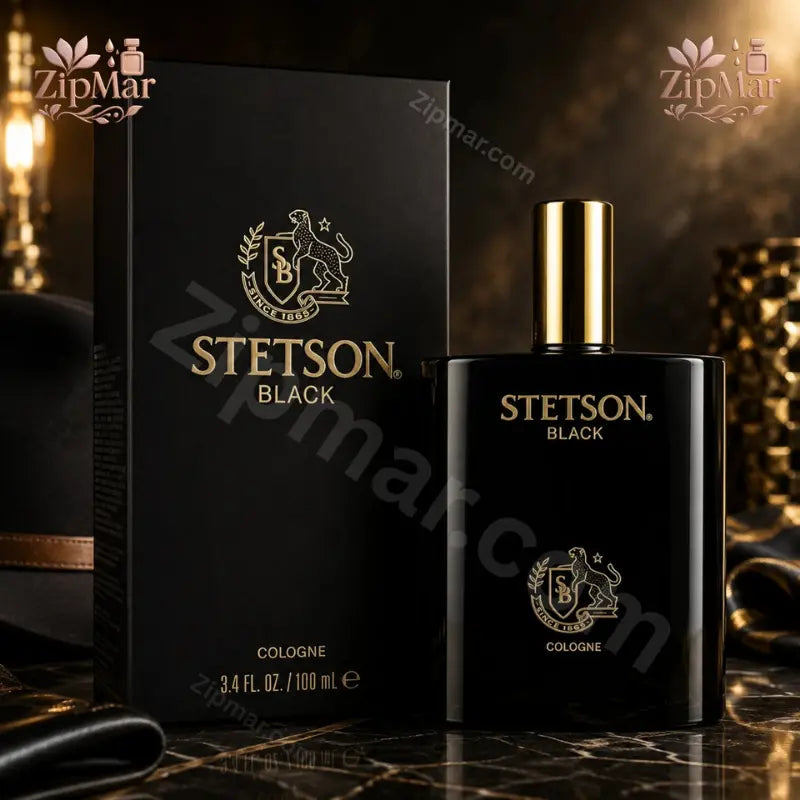 Stetson Black Cologne bottle and retail box with gold crest logo