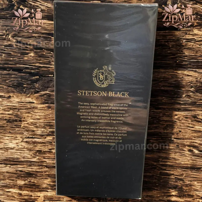 Back view of Stetson Black Cologne package showing product fragrance description