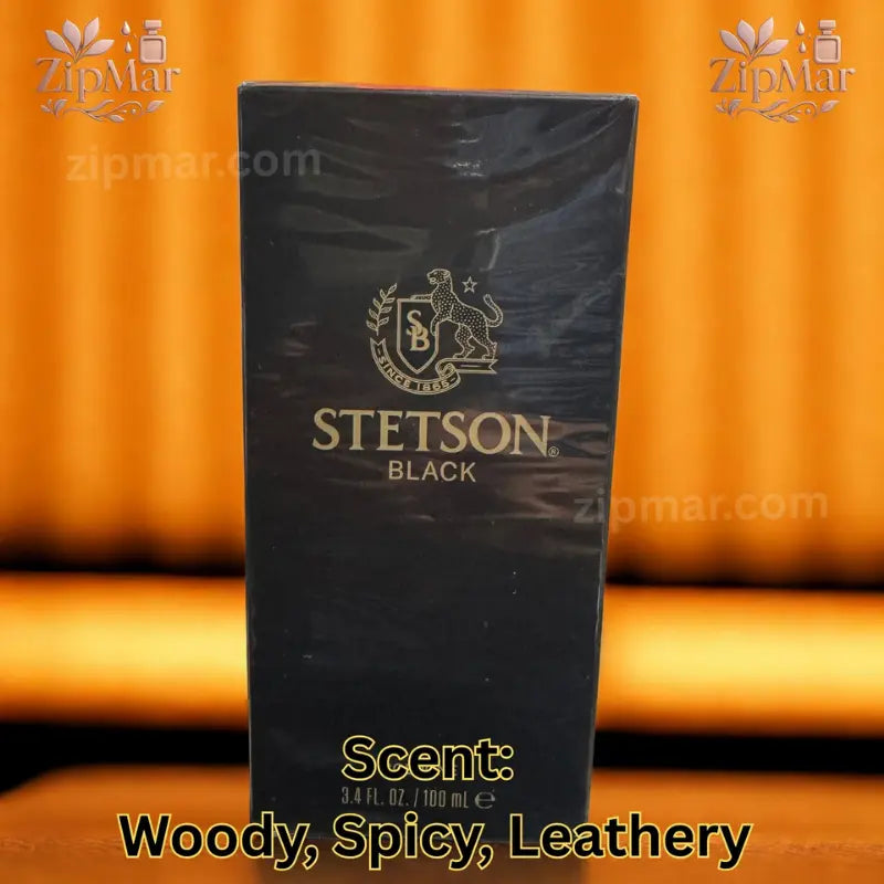 Front sealed retail packaging of Stetson Black Cologne 3.4 fl oz