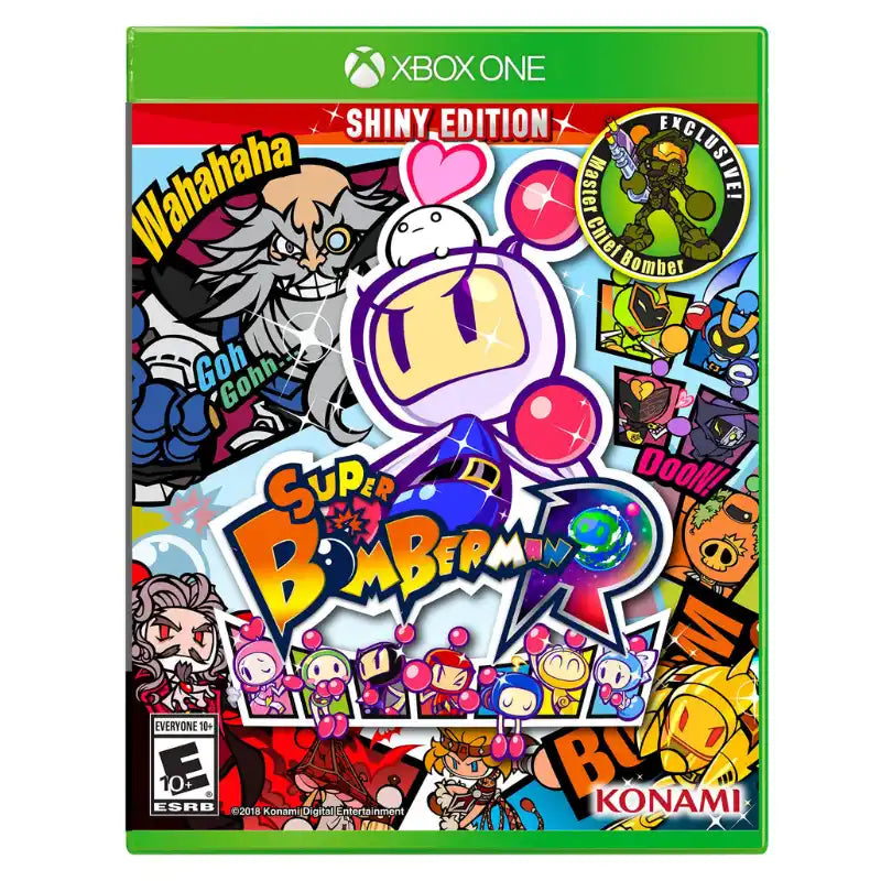 Super Bomberman R Shiny Edition Xbox One front cover with exclusive Master Chief Bomber sticker Konami