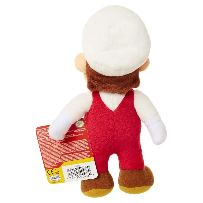 Super Mario Fire Mario plush toy back view showing Jakks Pacific label and barcode
