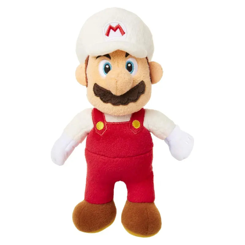 Super Mario Fire Mario officially licensed plush toy front view white hat embroidered M