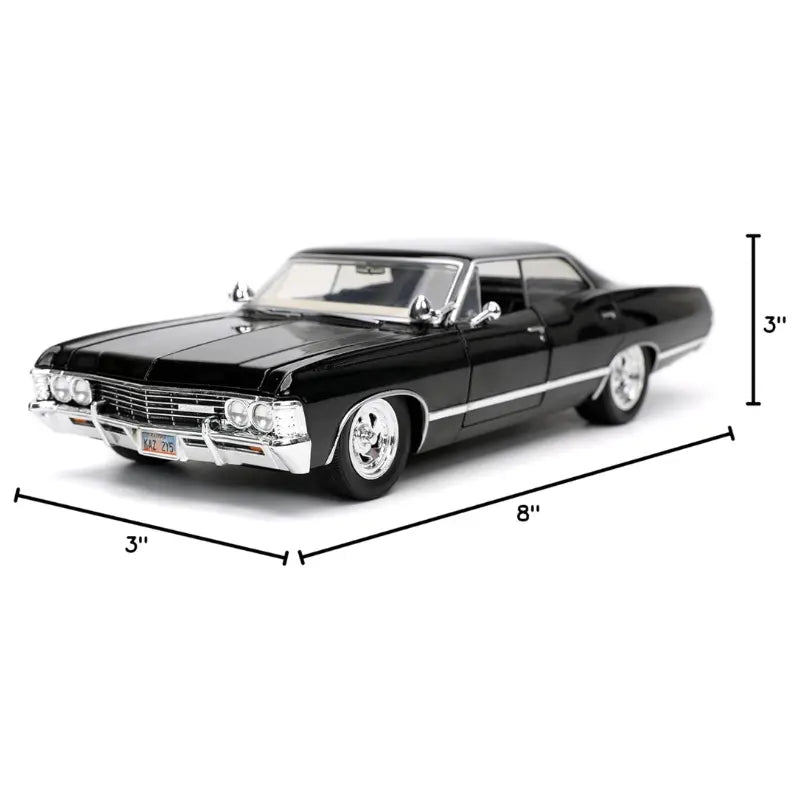 1:24 scale 1967 Chevrolet Impala diecast car showing dimensions of 8 inches long, 3 inches wide, and 3 inches high.