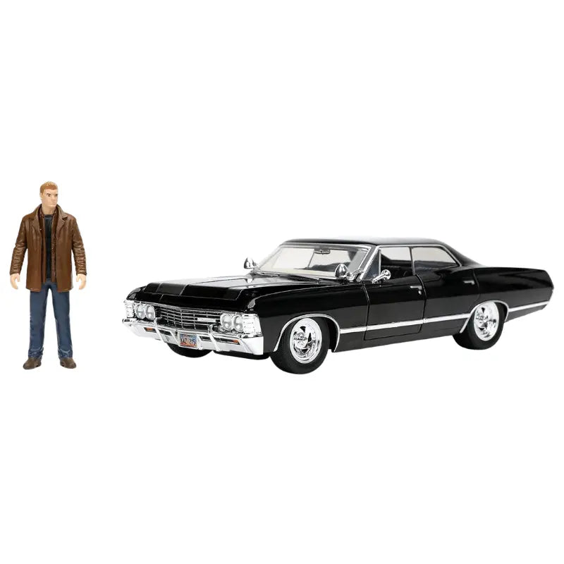 Full set view of the black Supernatural 1967 Chevy Impala diecast and Dean Winchester character figure.