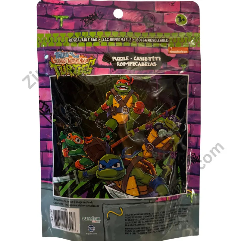 Tales of the TMNT 100-piece puzzle back of resealable bag showing puzzle image and Surelox Nickelodeon licensing
