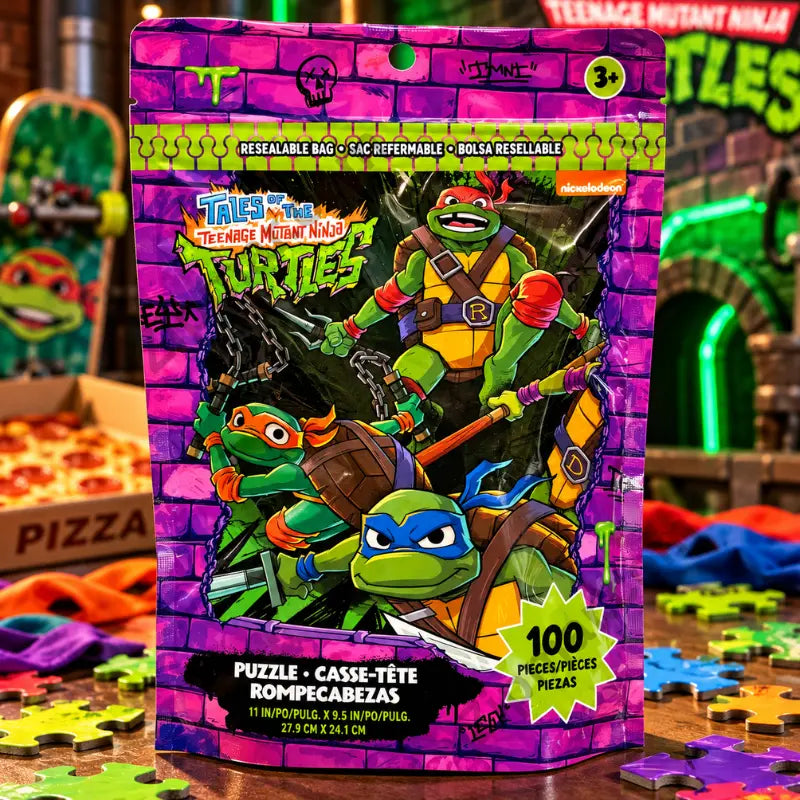 Tales of the Teenage Mutant Ninja Turtles 100-piece puzzle resealable bag lifestyle featuring all four turtles Nickelodeon