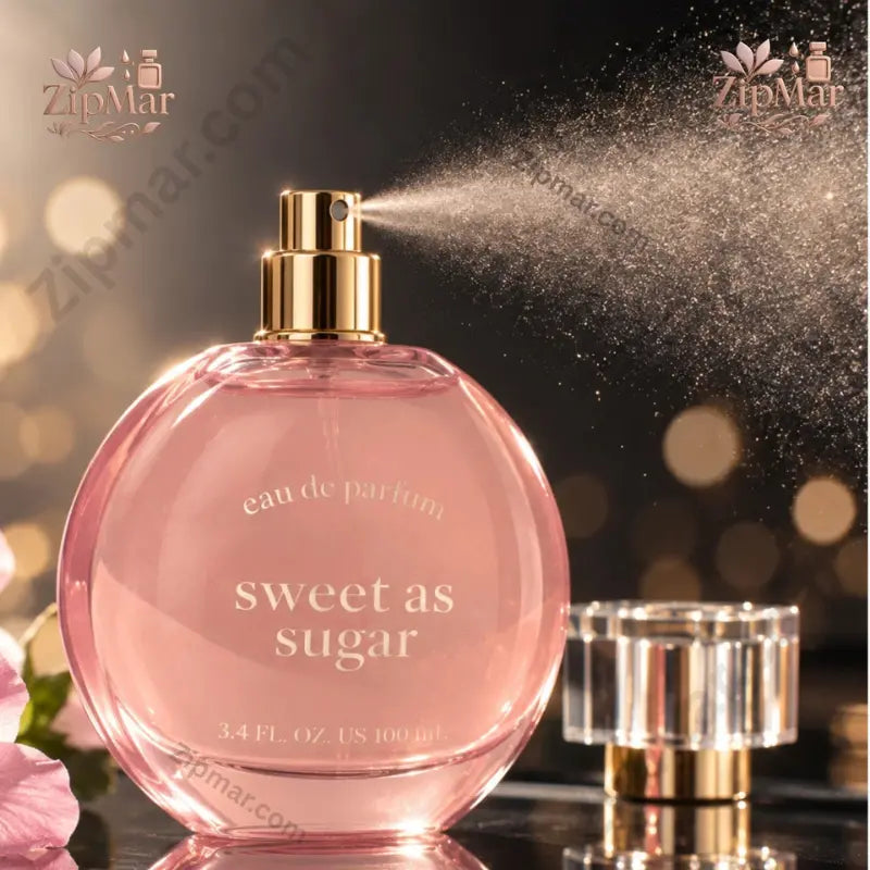 Sweet As Sugar Eau De Parfum bottle spraying fine fragrance mist with cap off