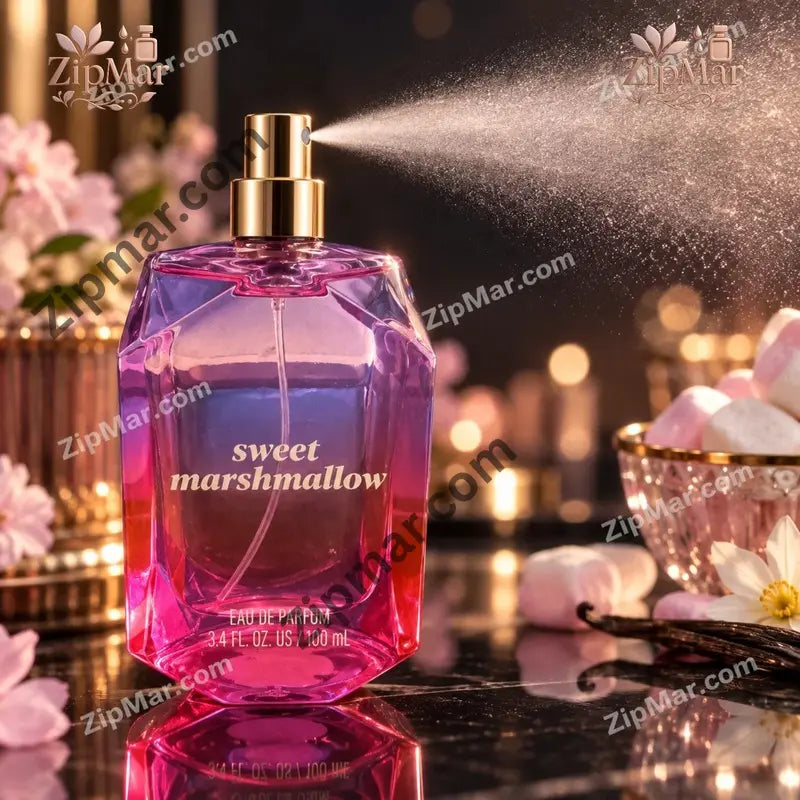 Sweet Marshmallow eau de parfum 3.4 fl oz 100 ml faceted purple to pink gradient glass bottle with gold atomizer, spraying a fine mist