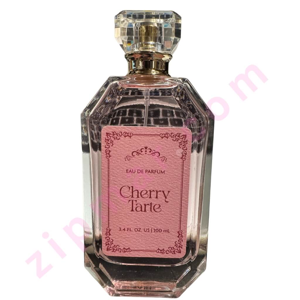 Cherry Tarte Eau de Parfum bottle with pink label on a white background