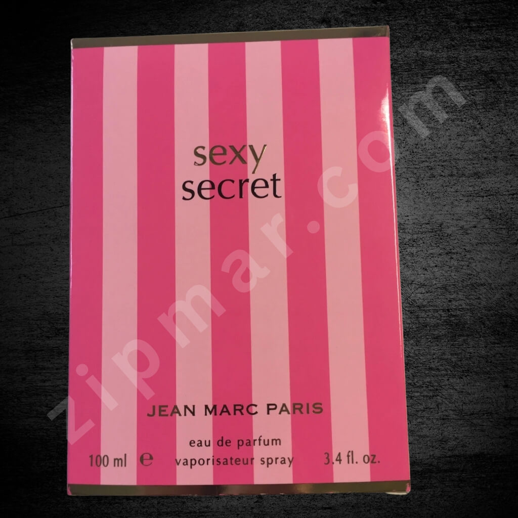 Pink and white striped packaging of 'sexy secret' by Jean Marc Paris on a dark background