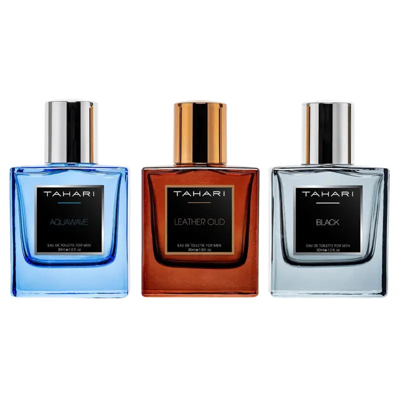 Straight lineup of the three clean 1 oz (30 ml) Tahari Eau de Toilette bottles: Aquawave, Leather Oud, and Black.