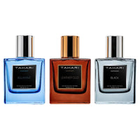 Thumbnail for Straight lineup of the three clean 1 oz (30 ml) Tahari Eau de Toilette bottles: Aquawave, Leather Oud, and Black.