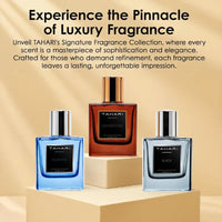 Thumbnail for Luxury display of the three 1 oz Tahari men's cologne bottles from the gift set on tan geometric pedestals.