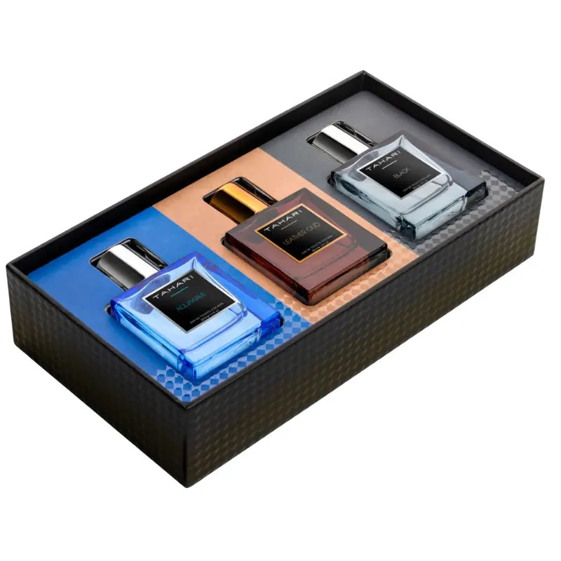 An angled side view of the Tahari Men's 3-Piece Cologne Gift Set in its textured black presentation box.