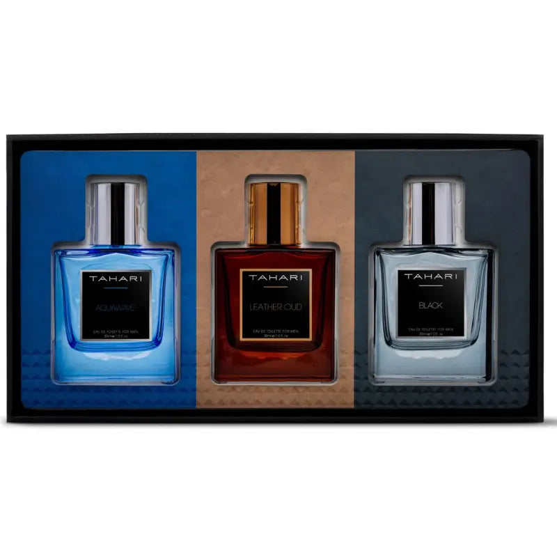 Front view of the open Tahari Men’s 3-Piece Fragrance Gift Set featuring 1oz bottles of Aquawave, Leather Oud, and Black Eau de Toilette.