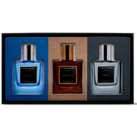 Thumbnail for Front view of the open Tahari Men’s 3-Piece Fragrance Gift Set featuring 1oz bottles of Aquawave, Leather Oud, and Black Eau de Toilette.