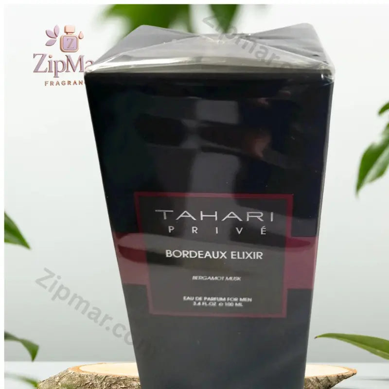 Close up of Tahari Privé Bordeaux Elixir Bergamot Musk Eau de Parfum for Men box front in shrink wrap