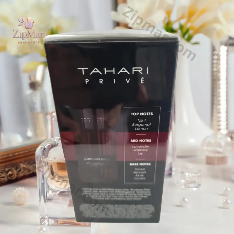 Tahari Privé Bordeaux Elixir box side angle with top notes mint, bergamot and lemon and base notes tonka, benzoin, musk and vanilla