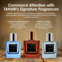 Thumbnail for Promotional image of the three Tahari men's fragrances (Aquawave, Leather Oud, Black) displayed on a rustic wood surface.