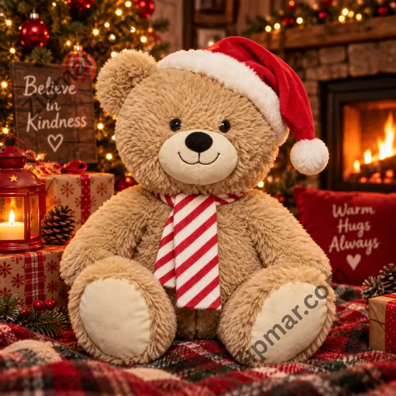 Tan teddy bear Christmas plush with Santa hat and candy cane scarf sitting by a decorated fireplace