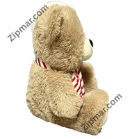 Thumbnail for Profile of tan teddy bear plush with shaggy fur and candy cane striped scarf