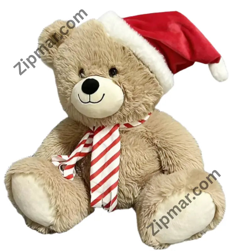 Tan teddy bear Christmas plush with red Santa hat and red and white candy cane striped scarf, front view