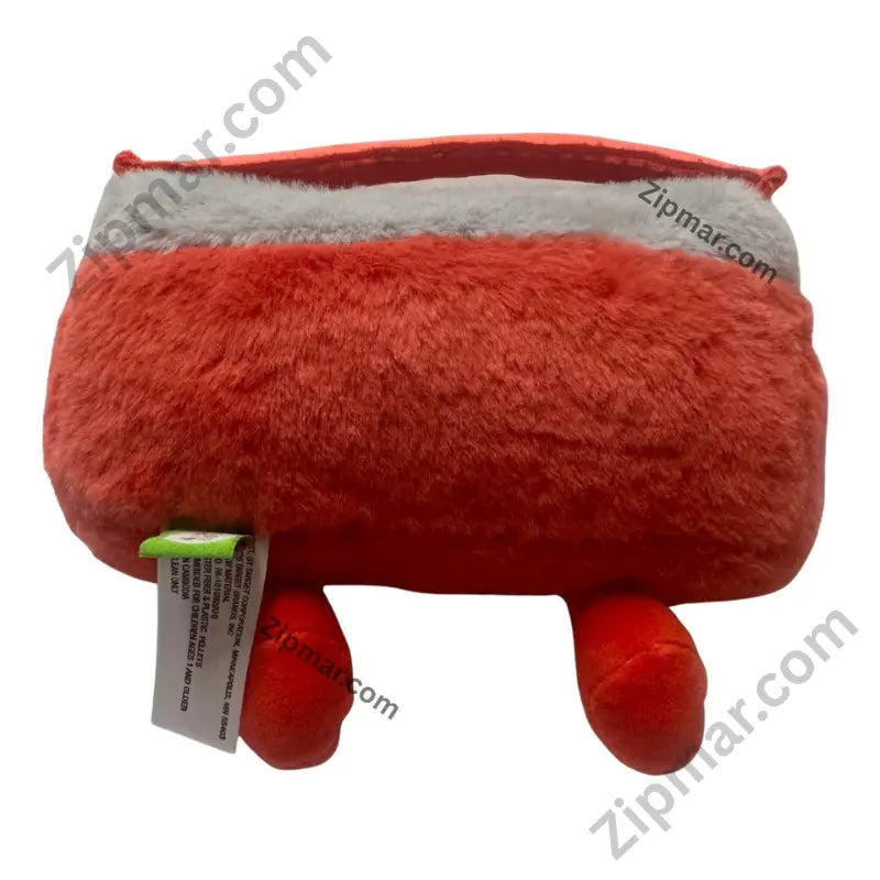 Red boombox plush toy back view showing green Target hang tag recommended for children 1 year and older distributed by Target Corp. Minneapolis MN 55403 made in Cambodia all new materials Item 085 13 5977 R01
