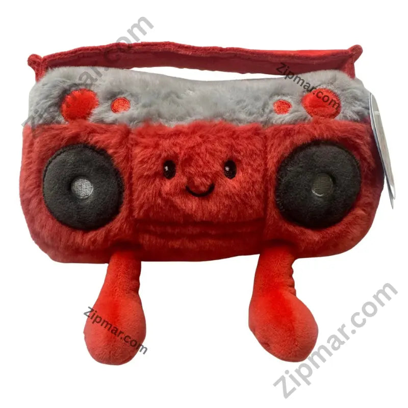 Red kawaii boombox plush stuffed animal toy front view embroidered smiling face with bead eyes and red nose, two black circular speaker fronts, gray fuzzy top panel with red embroidered buttons, looped top handle, and short plush legs Target Brands music character plush ages 1 and up