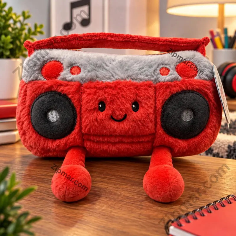 Red kawaii boombox plush toy styled on desk with headphones, notebook, and music note decor warm editorial lifestyle shot cute music character stuffed animal gift idea for music lovers and kawaii collectors