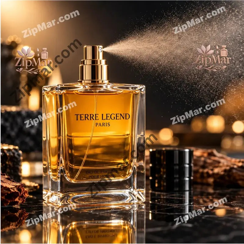 Terre Legend Paris eau de parfum pour homme in a clear square glass bottle with gold atomizer, spraying a fine mist beside the black cap
